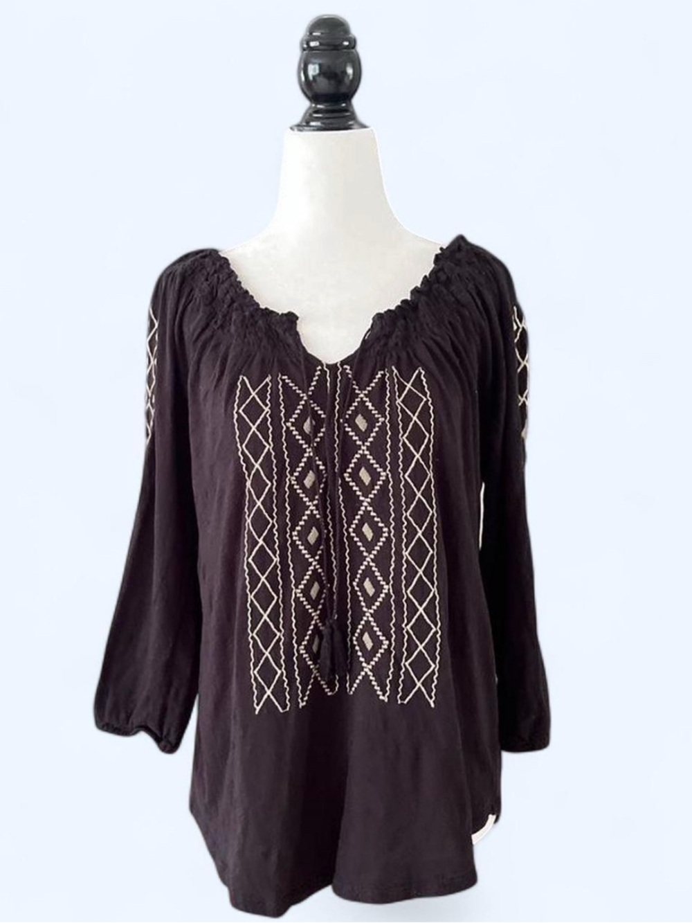 Black Embroidered Cotton Peasant Blouse Boho Festival Ren Faire Size L